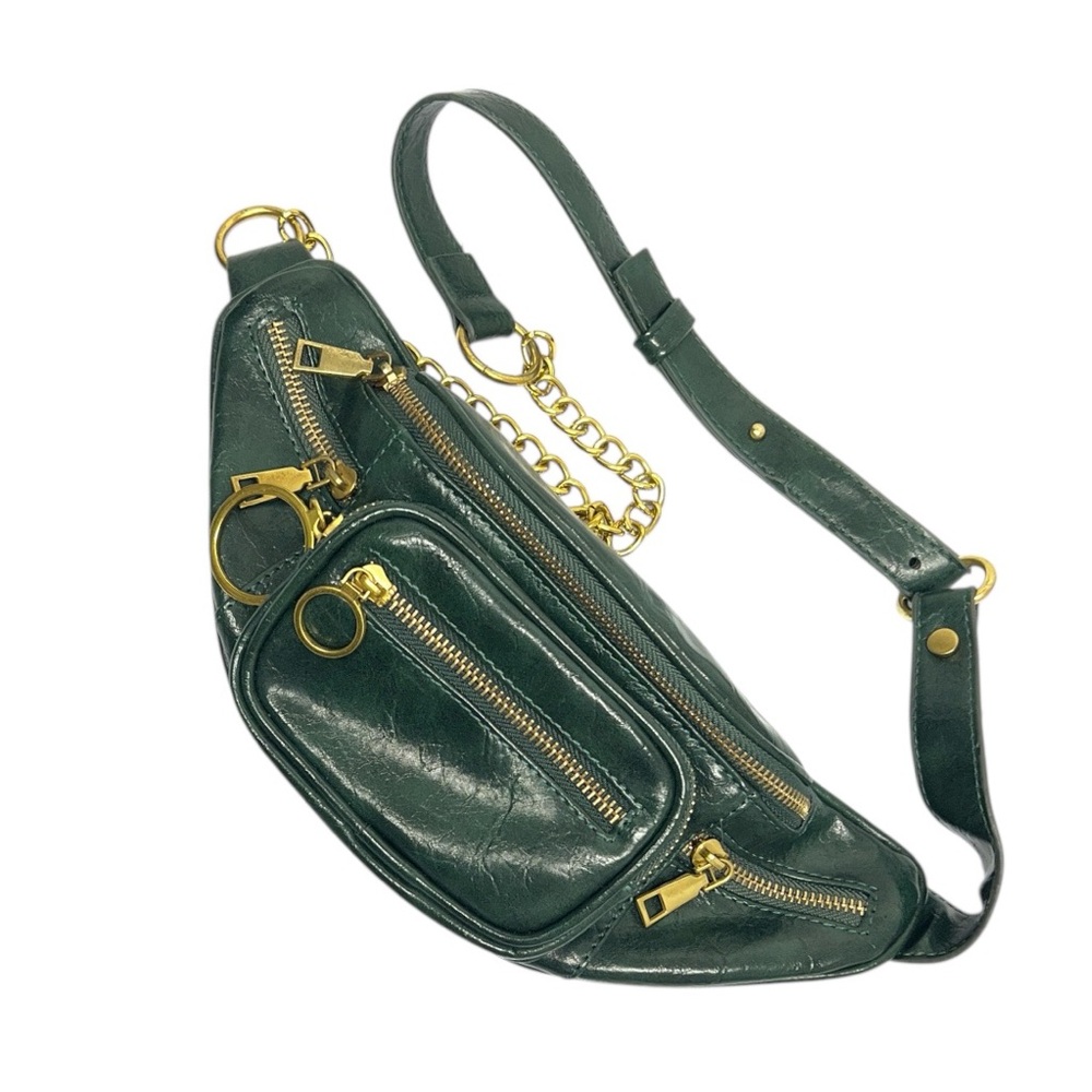 🔥Y2K Green PU Leather Crossbody Belt Bag | Gold Hardware Vintage-Inspired